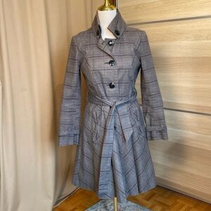 Elevenses Women’s Plaid Trench Coat 2 Belted Tailored Gray Designer Jacket Rare